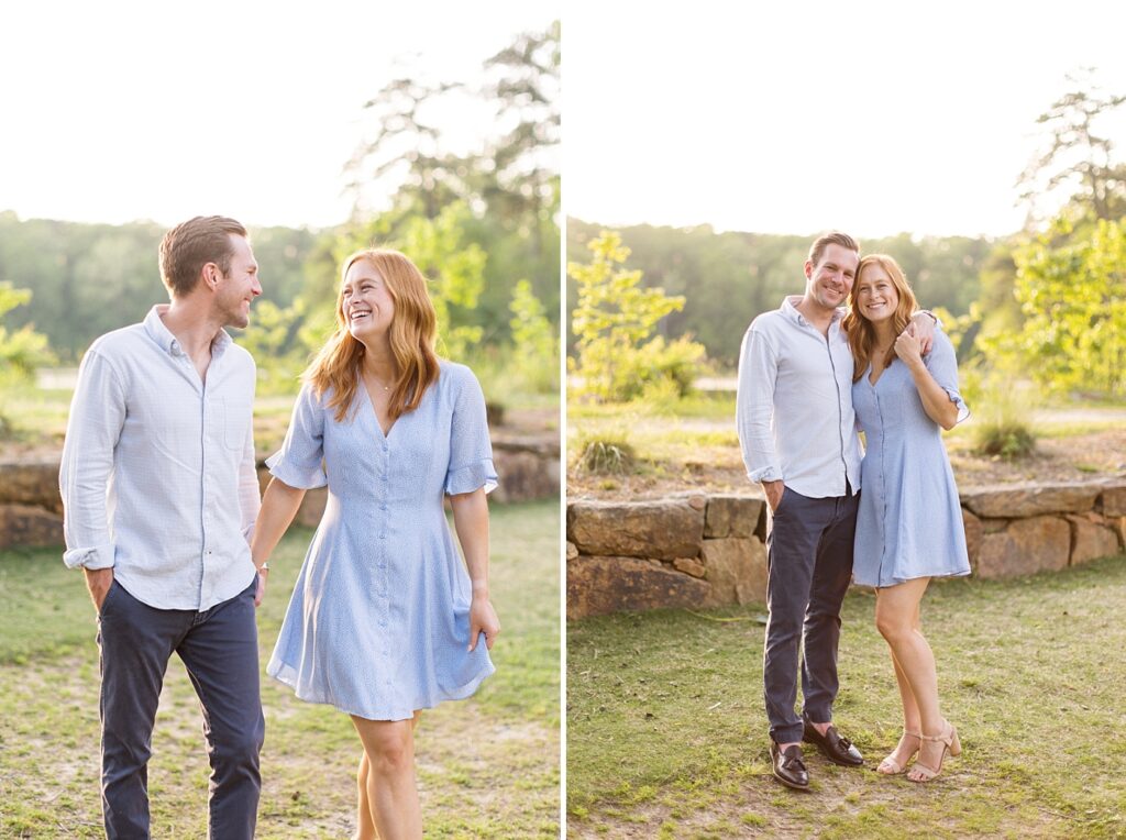 Couple holding hands and embracing in garden | Yates Mill engagement photos | Raleigh NC wedding photographer 