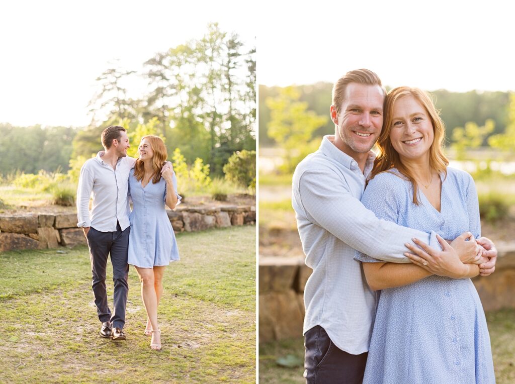 Outfit inspiration for men for engagement session and couple embracing | Yates Mill engagement photos | Raleigh NC wedding photographer 