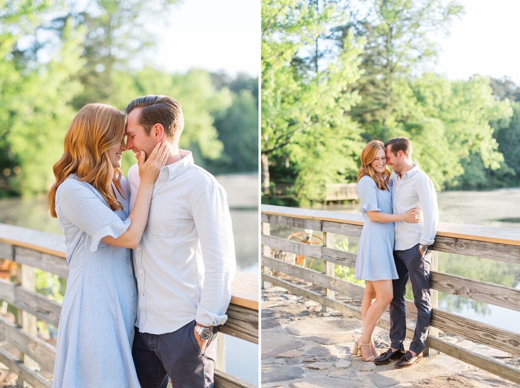 Couple embracing and smiling by lake | Yates Mill engagement photos | Raleigh NC wedding photographer 