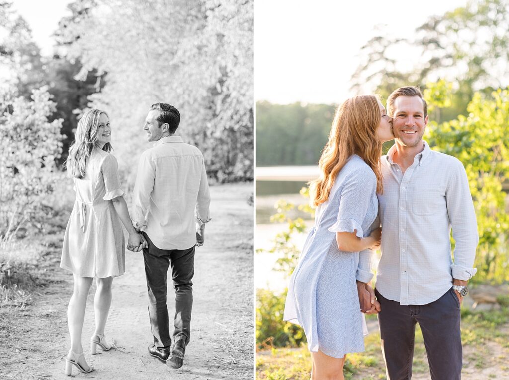Couple embracing walking away through garden | Yates Mill engagement photos | Raleigh NC wedding photographer 