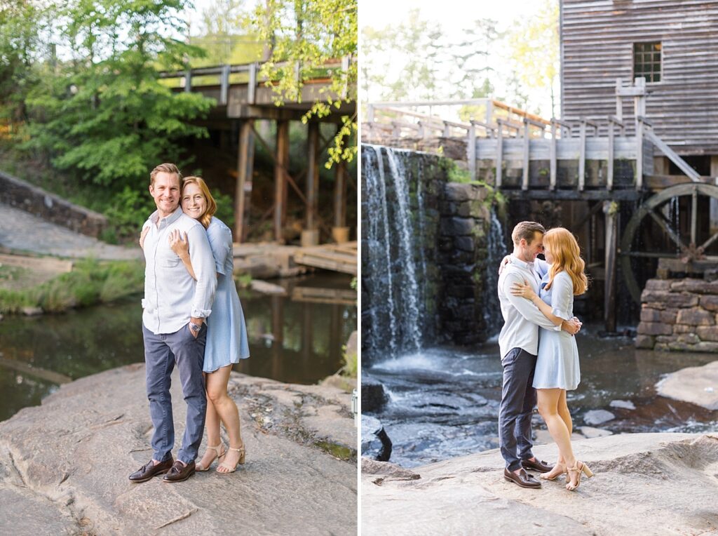 Couple embracing and smiling by mill | Yates Mill engagement photos | Raleigh NC wedding photographer 