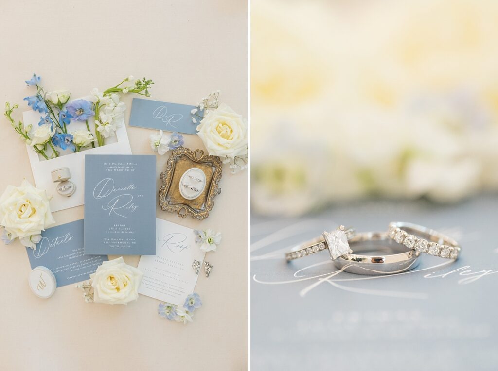 Wedding rings and blue and white wedding invitations | Blue and white Wedding | Carolina Groves Wedding | Carolina Groves Wedding Photographer | Raleigh NC Wedding Photographer
