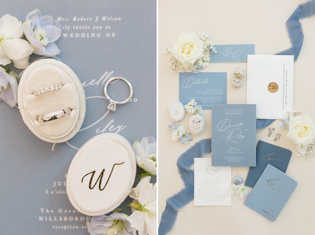 Wedding rings displayed in cream ring box and blue and white wedding invitations | Blue and white Wedding | Carolina Groves Wedding | Carolina Groves Wedding Photographer | Raleigh NC Wedding Photographer