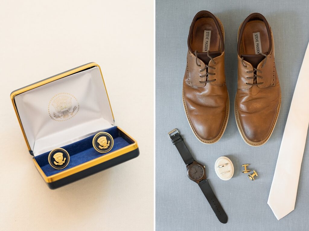 Groom's cufflinks displayed in blue box and groom's wedding shoes | Blue and white Wedding | Carolina Groves Wedding | Carolina Groves Wedding Photographer | Raleigh NC Wedding Photographer