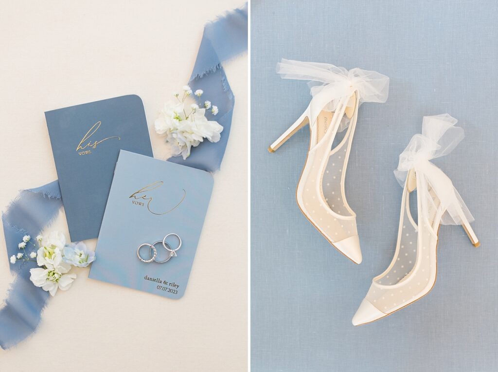 Wedding vow books and bride's wedding shoes | Blue and white Wedding | Carolina Groves Wedding | Carolina Groves Wedding Photographer | Raleigh NC Wedding Photographer