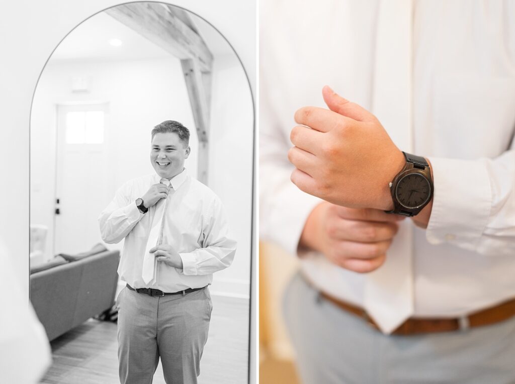 Groom putting on tie and watch | Blue and white Wedding | Carolina Groves Wedding | Carolina Groves Wedding Photographer | Raleigh NC Wedding Photographer