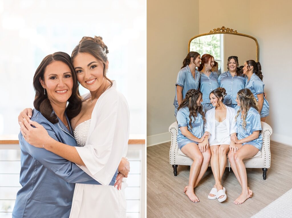 Bride and mother of the bride embracing in pajamas | Blue and white Wedding | Carolina Groves Wedding | Carolina Groves Wedding Photographer | Raleigh NC Wedding Photographer