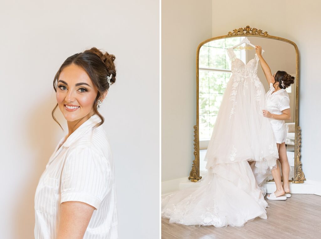 Bride grabbing wedding dress from rustic mirror | Blue and white Wedding | Carolina Groves Wedding | Carolina Groves Wedding Photographer | Raleigh NC Wedding Photographer