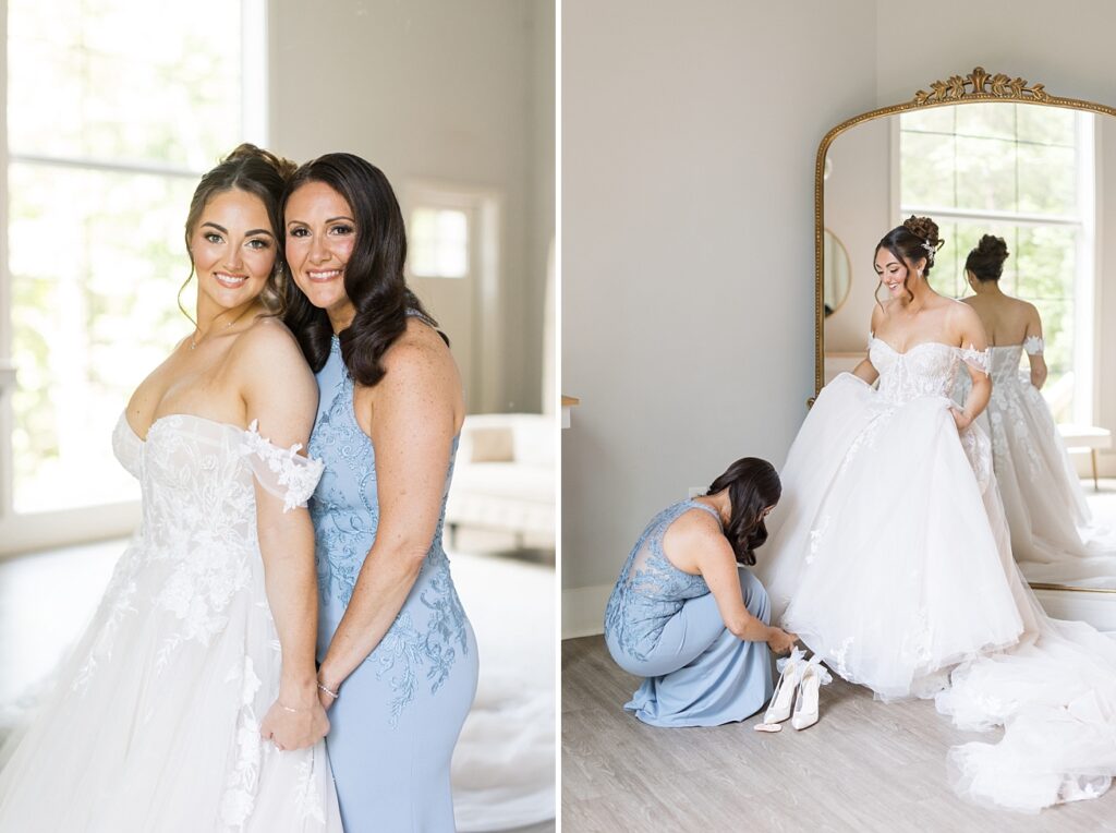Mother of the bride putting on bride's wedding shoes | Blue and white Wedding | Carolina Groves Wedding | Carolina Groves Wedding Photographer | Raleigh NC Wedding Photographer