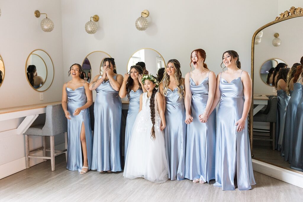 Bridesmaids first look of the bride | Blue and white Wedding | Carolina Groves Wedding | Carolina Groves Wedding Photographer | Raleigh NC Wedding Photographer