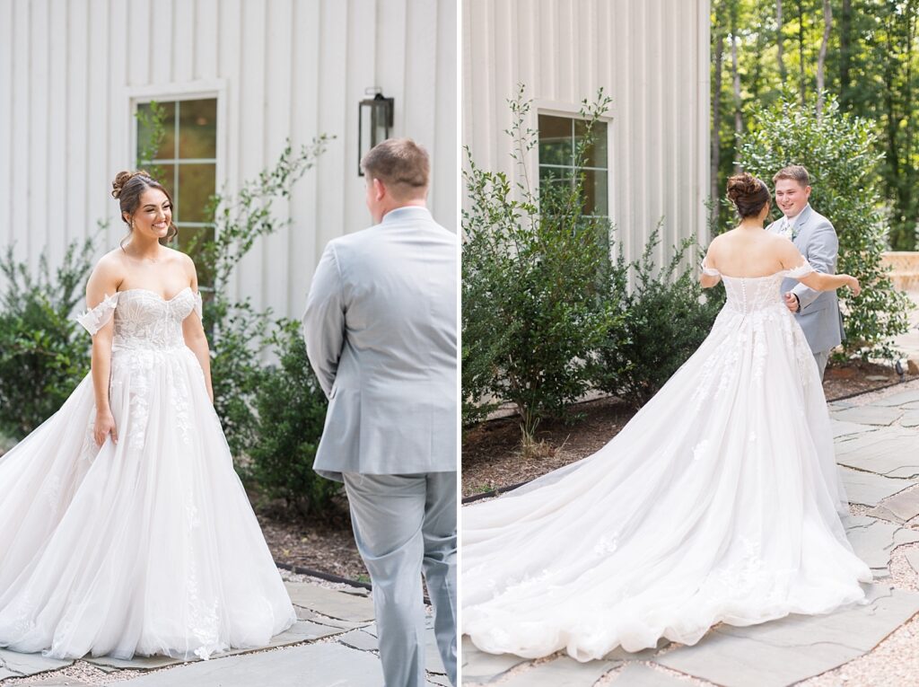 Bride and groom first touch | Blue and white Wedding | Carolina Groves Wedding | Carolina Groves Wedding Photographer | Raleigh NC Wedding Photographer
