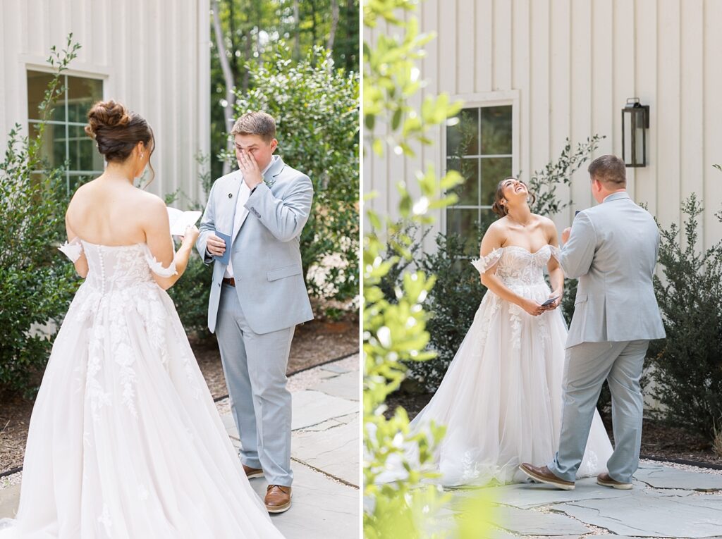 Bride reading vows to groom | Blue and white Wedding | Carolina Groves Wedding | Carolina Groves Wedding Photographer | Raleigh NC Wedding Photographer