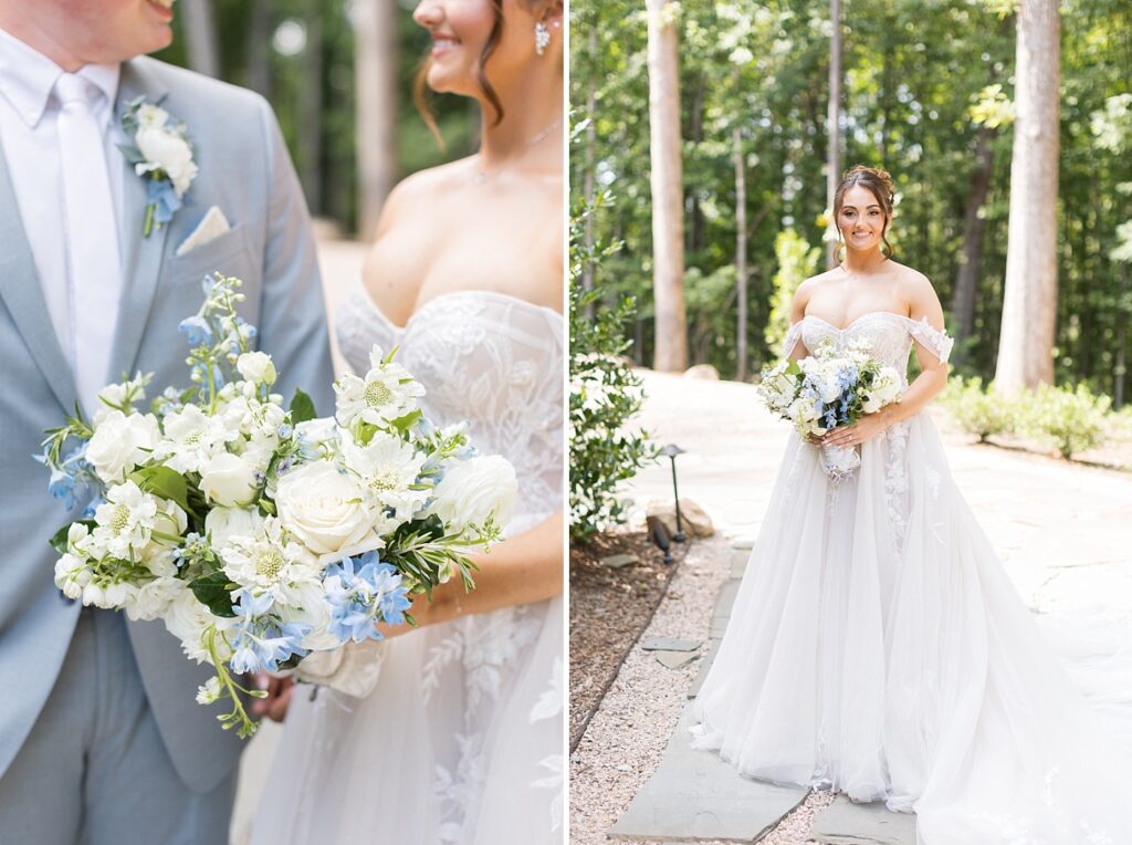 Bride standing with blue and white bridal bouquet | Blue and white Wedding | Carolina Groves Wedding | Carolina Groves Wedding Photographer | Raleigh NC Wedding Photographer