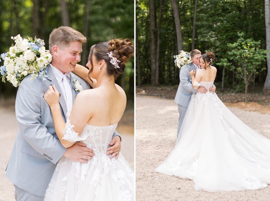 Bride and groom smiling and embracing on gravel path | Blue and white Wedding | Carolina Groves Wedding | Carolina Groves Wedding Photographer | Raleigh NC Wedding Photographer