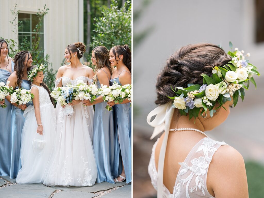 Bride with bridesmaids and flower girl crown | Blue and white Wedding | Carolina Groves Wedding | Carolina Groves Wedding Photographer | Raleigh NC Wedding Photographer
