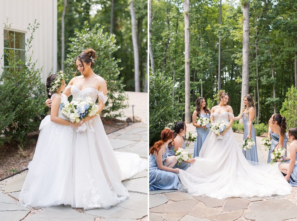 Bride with flower girl and bridesmaids | Blue and white Wedding | Carolina Groves Wedding | Carolina Groves Wedding Photographer | Raleigh NC Wedding Photographer