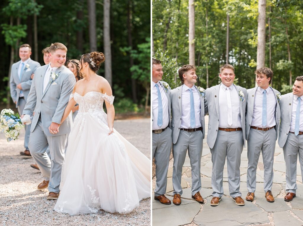Bride and groom holding hands and groomsmen smiling at groom | Blue and white Wedding | Carolina Groves Wedding | Carolina Groves Wedding Photographer | Raleigh NC Wedding Photographer