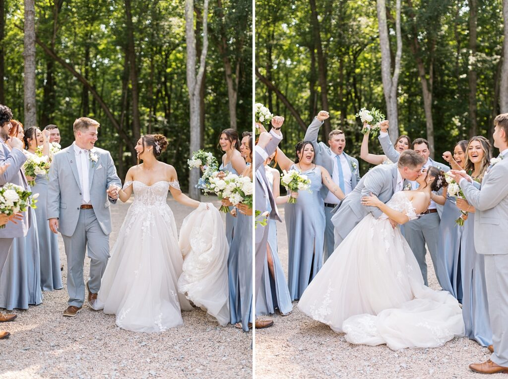 Wedding party cheering bride and groom | Blue and white Wedding | Carolina Groves Wedding | Carolina Groves Wedding Photographer | Raleigh NC Wedding Photographer