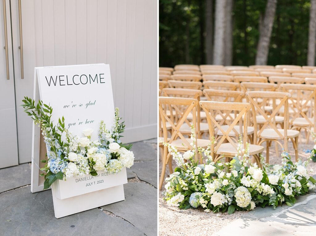 Wedding ceremony welcome sign and chairs  | Blue and white Wedding | Carolina Groves Wedding | Carolina Groves Wedding Photographer | Raleigh NC Wedding Photographer