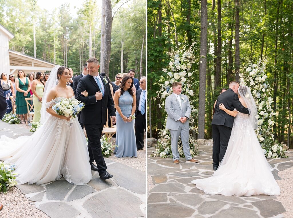 Bride and father of the bride walking down aisle | Blue and white Wedding | Carolina Groves Wedding | Carolina Groves Wedding Photographer | Raleigh NC Wedding Photographer