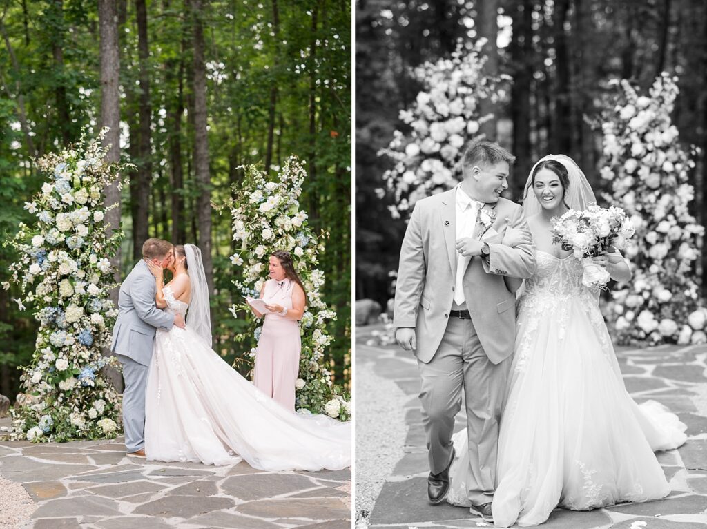 Bride and groom first kiss | Blue and white Wedding | Carolina Groves Wedding | Carolina Groves Wedding Photographer | Raleigh NC Wedding Photographer
