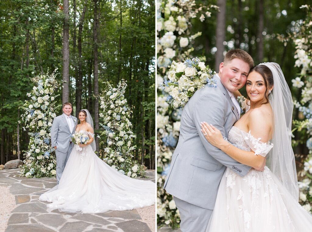 Bride and groom embracing near blue and white flowers | Blue and white Wedding | Carolina Groves Wedding | Carolina Groves Wedding Photographer | Raleigh NC Wedding Photographer