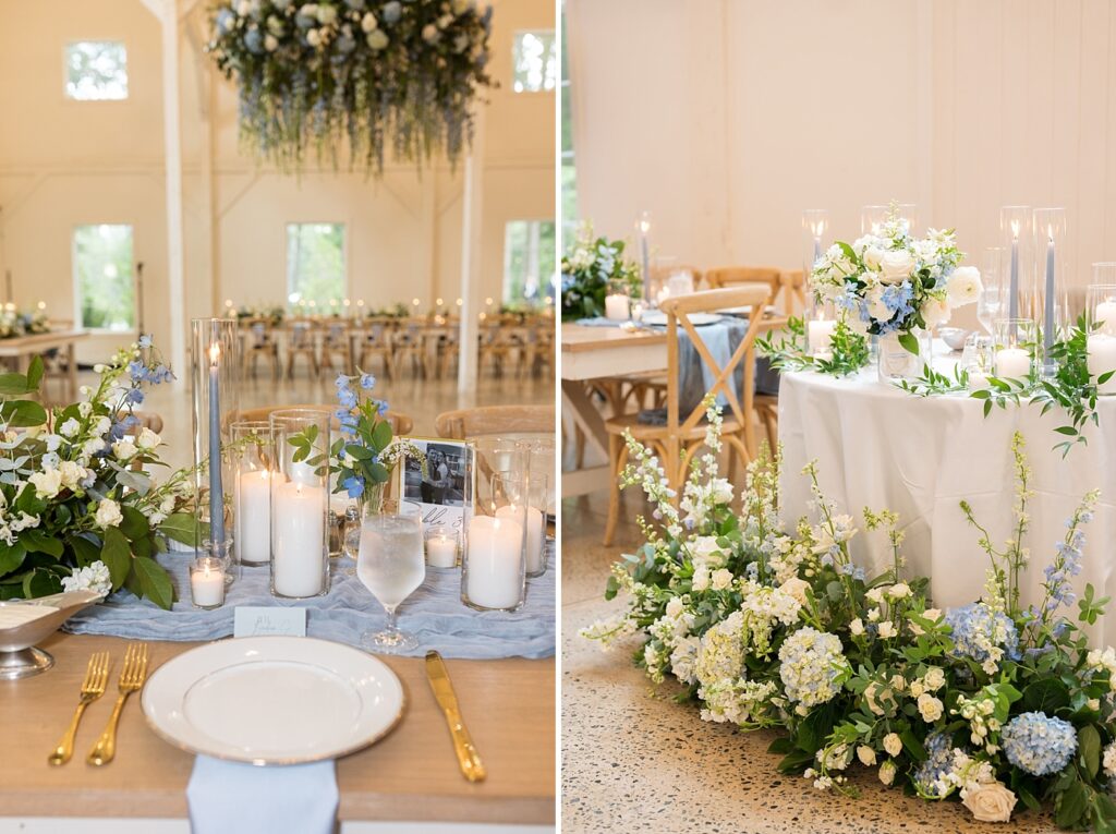 Wedding reception table décor | Blue and white Wedding | Carolina Groves Wedding | Carolina Groves Wedding Photographer | Raleigh NC Wedding Photographer