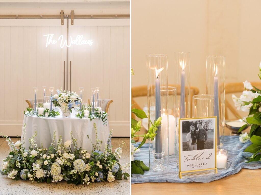 Wedding reception table numbers with pictures of bride and groom | Blue and white Wedding | Carolina Groves Wedding | Carolina Groves Wedding Photographer | Raleigh NC Wedding Photographer