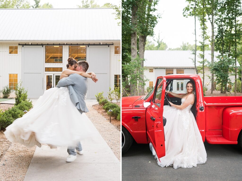 Bride sitting is red vintage truck | Blue and white Wedding | Carolina Groves Wedding | Carolina Groves Wedding Photographer | Raleigh NC Wedding Photographer
