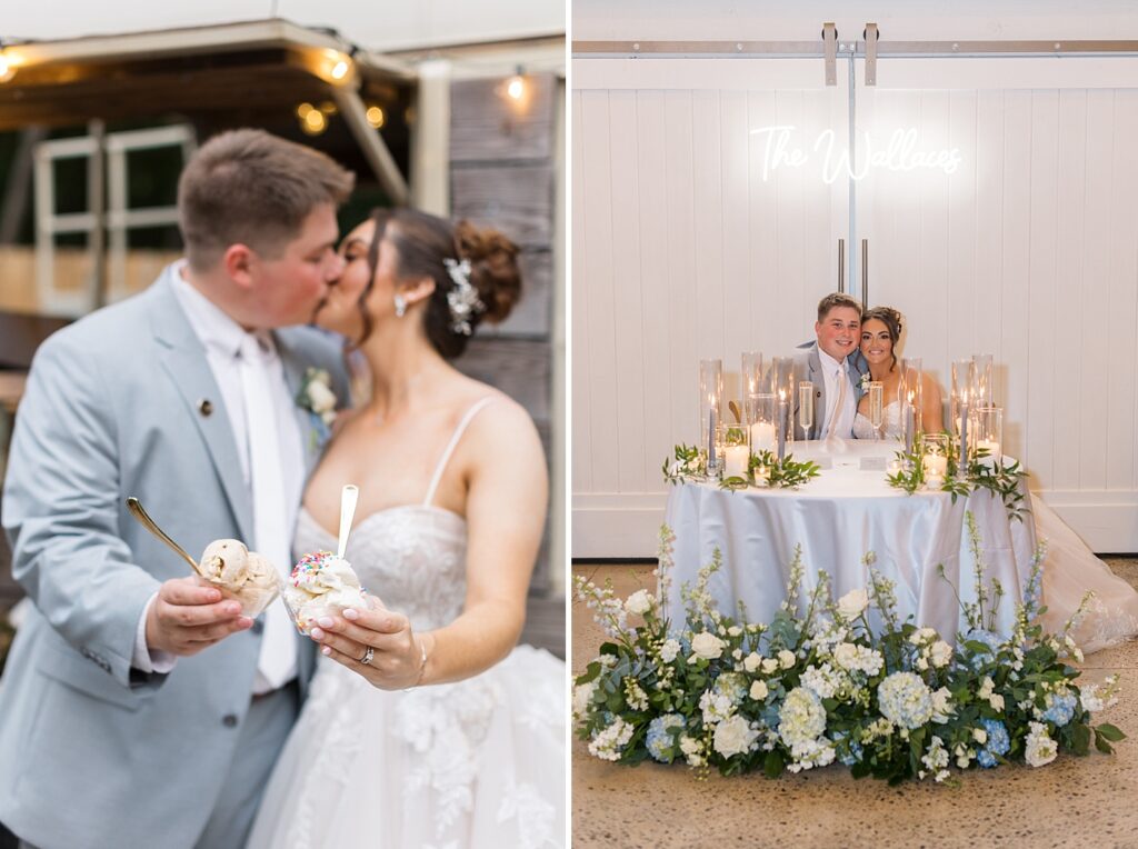Bride and groom kissing and showing ice cream dessert | Blue and white Wedding | Carolina Groves Wedding | Carolina Groves Wedding Photographer | Raleigh NC Wedding Photographer