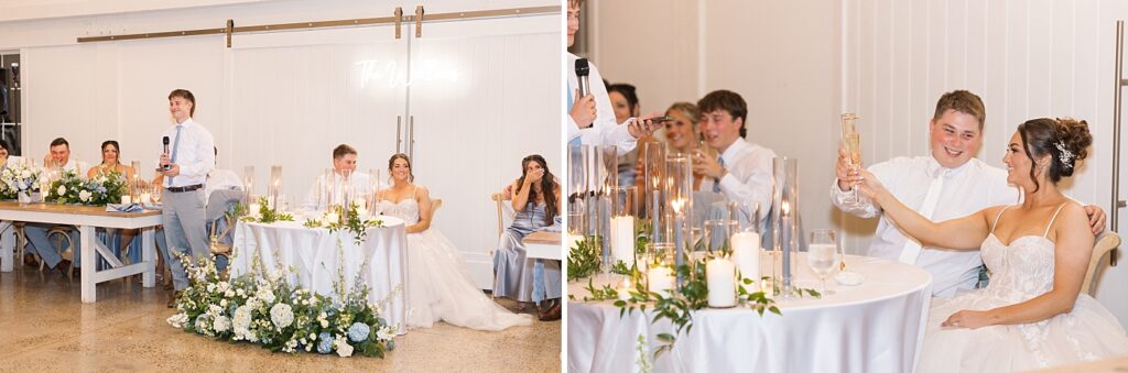 Groomsmen giving wedding toast | Blue and white Wedding | Carolina Groves Wedding | Carolina Groves Wedding Photographer | Raleigh NC Wedding Photographer