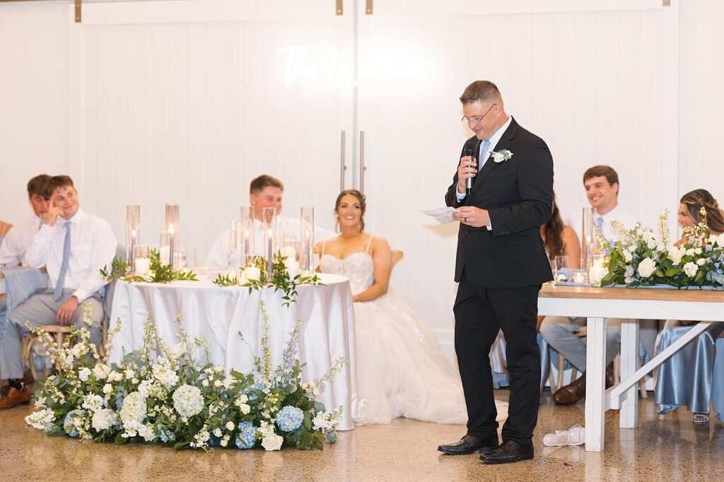 Father of the bride giving wedding toast | Blue and white Wedding | Carolina Groves Wedding | Carolina Groves Wedding Photographer | Raleigh NC Wedding Photographer