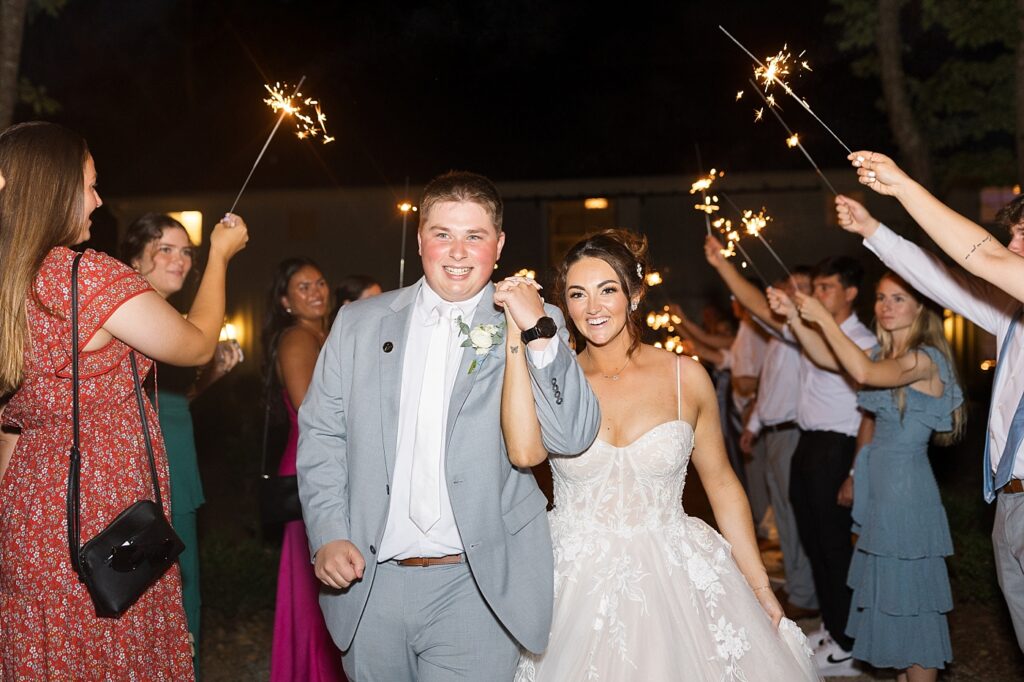 Bride and groom sparkler exit | Blue and white Wedding | Carolina Groves Wedding | Carolina Groves Wedding Photographer | Raleigh NC Wedding Photographer