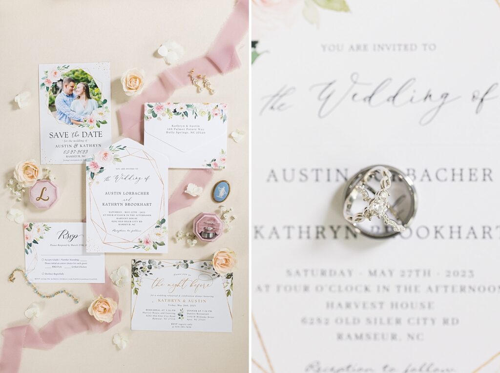 Wedding invitation closeup and wedding rings displayed on top of wedding invitations | Rustic wedding | Harvest House Wedding | Harvest House Photographer | Raleigh NC Wedding Photographer