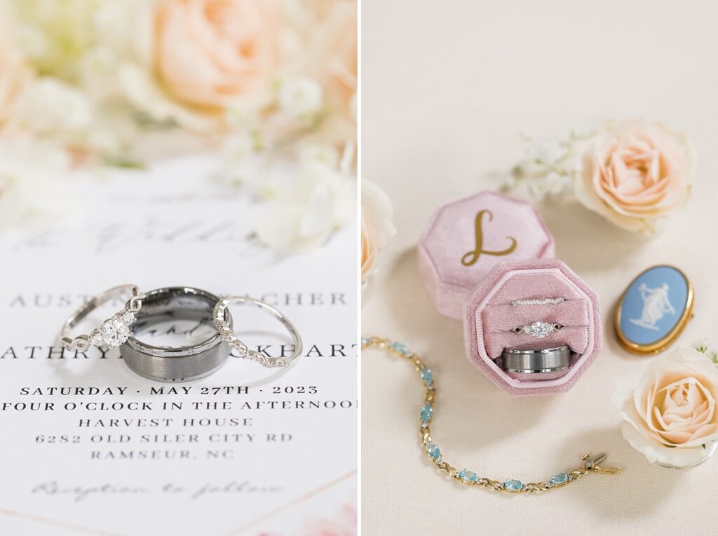 Wedding rings in pink ring box displayed on top of wedding invitations | Rustic wedding | Harvest House Wedding | Harvest House Photographer | Raleigh NC Wedding Photographer