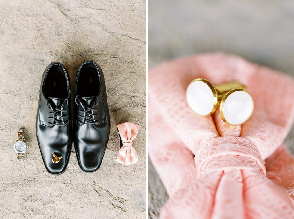 Groom's shoes and accessories and closeup of groom's cuff links | Rustic wedding | Harvest House Wedding | Harvest House Photographer | Raleigh NC Wedding Photographer