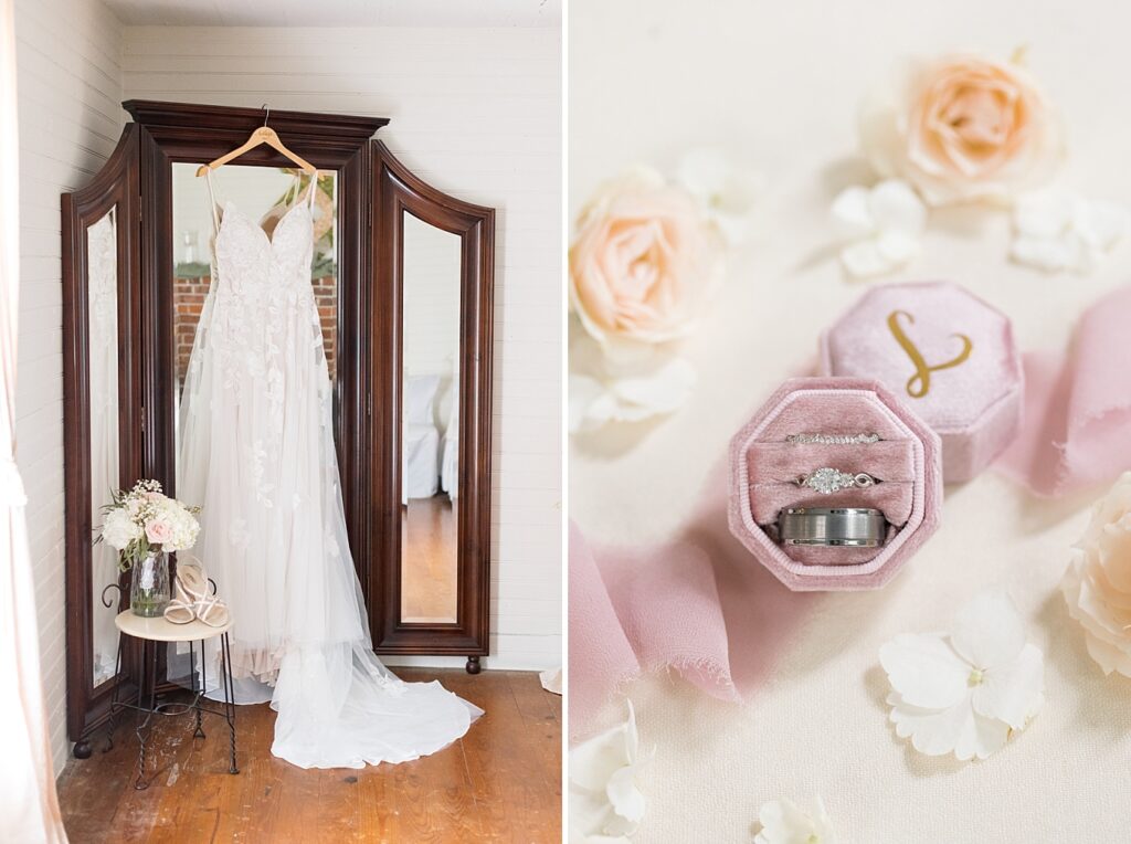 Wedding dress hanging from mirror and wedding rings in pink ring box | Rustic wedding | Harvest House Wedding | Harvest House Photographer | Raleigh NC Wedding Photographer