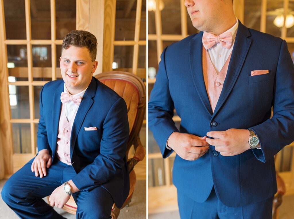 Groom buttoning his suit jacket | Rustic wedding | Harvest House Wedding | Harvest House Photographer | Raleigh NC Wedding Photographer