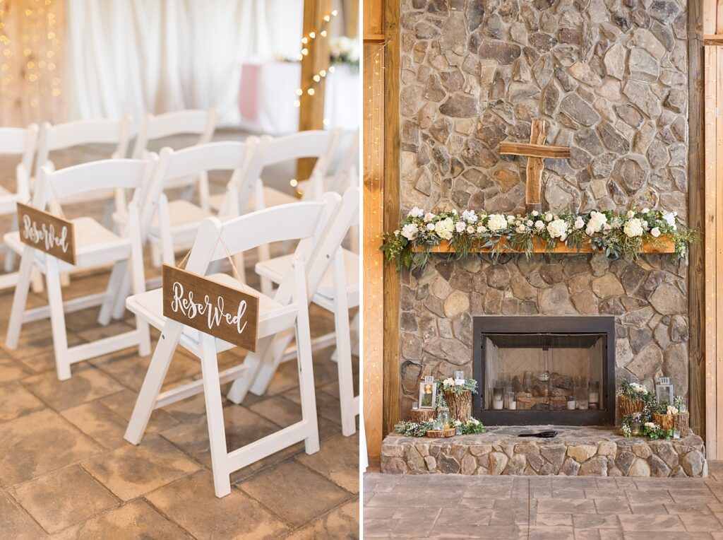 Wedding ceremony reserved signs and altar setup | Rustic wedding | Harvest House Wedding | Harvest House Photographer | Raleigh NC Wedding Photographer