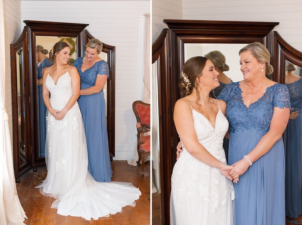 Bride's mom helping bride zip up wedding dress | Rustic wedding | Harvest House Wedding | Harvest House Photographer | Raleigh NC Wedding Photographer