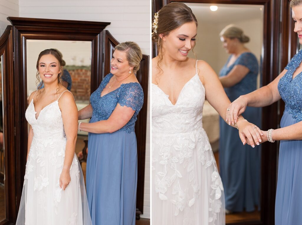 Bride's mom helping bride zip up wedding dress and put on jewelry | Rustic wedding | Harvest House Wedding | Harvest House Photographer | Raleigh NC Wedding Photographer