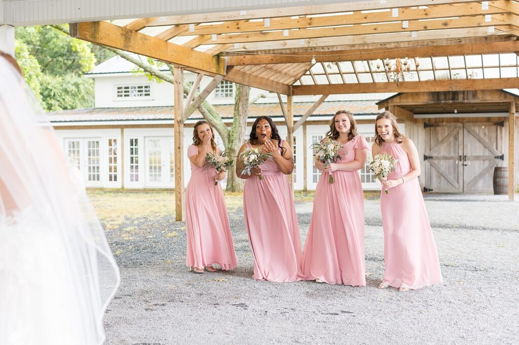 Bride and her bridesmaids first look | Rustic wedding | Harvest House Wedding | Harvest House Photographer | Raleigh NC Wedding Photographer