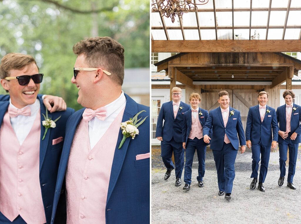 Groom and his groomsmen smiling while wearing sunglasses | Harvest House Wedding | Harvest House Photographer | Raleigh NC Wedding Photographer
