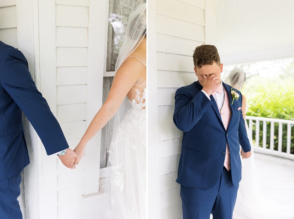 Bride and groom first touch and groom crying | Harvest House Wedding | Harvest House Photographer | Raleigh NC Wedding Photographer