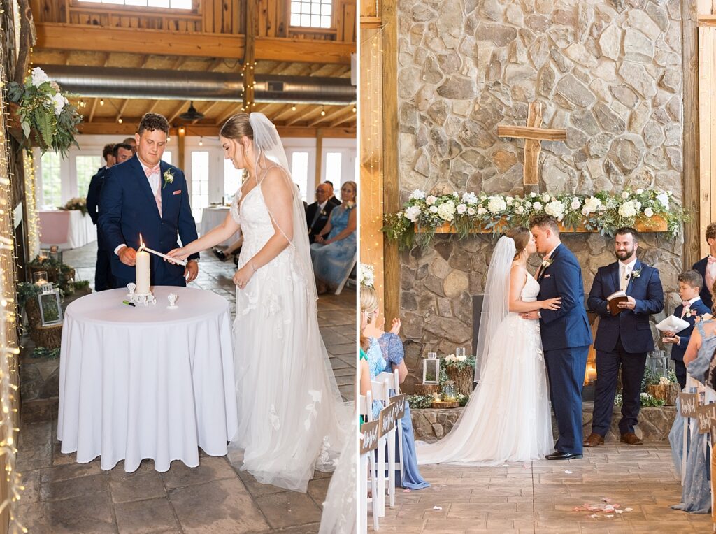 Bride and groom lighting candle during wedding ceremony | Rustic wedding | Harvest House Wedding | Harvest House Photographer | Raleigh NC Wedding Photographer
