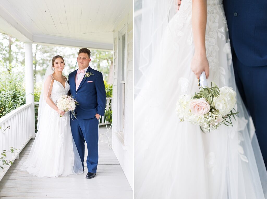 Bride and groom smiling and closeup of bridal bouquet | Rustic wedding | Harvest House Wedding | Harvest House Photographer | Raleigh NC Wedding Photographer