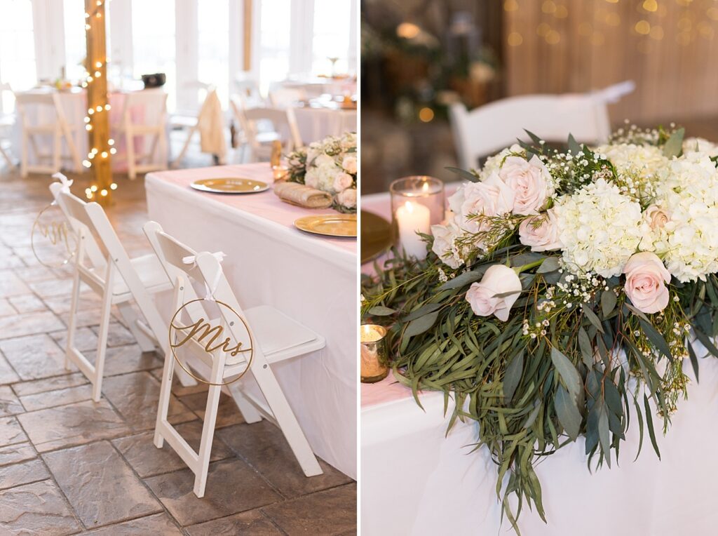 Wedding reception details | Mr and Mrs signs on seats and pink flowers | Rustic wedding | Harvest House Wedding | Harvest House Photographer | Raleigh NC Wedding Photographer