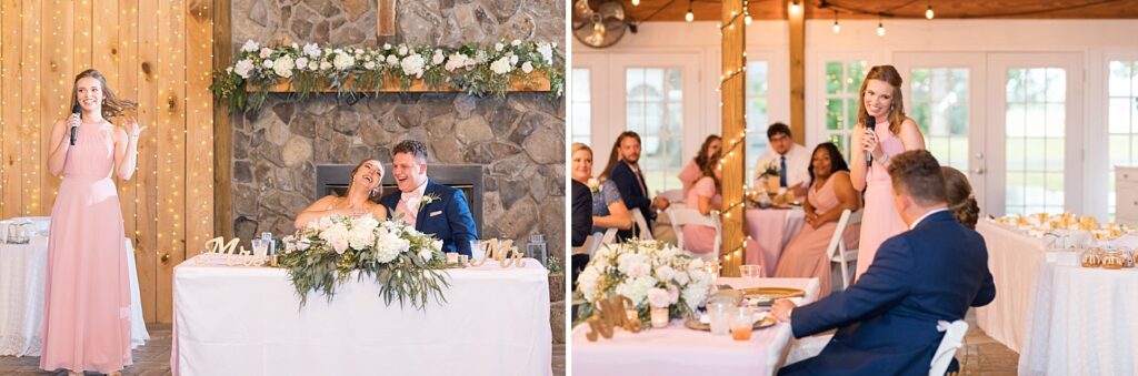 Bridesmaid giving toast during wedding reception | Rustic wedding | Harvest House Wedding | Harvest House Photographer | Raleigh NC Wedding Photographer