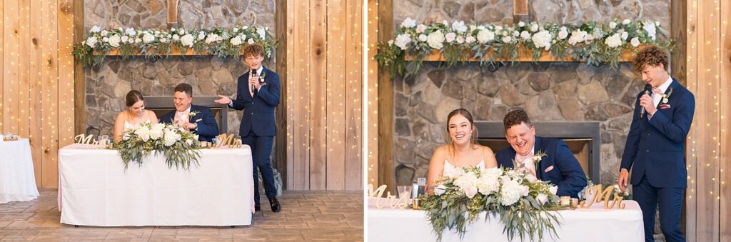 Groomsmen giving toast during wedding reception | Rustic wedding | Harvest House Wedding | Harvest House Photographer | Raleigh NC Wedding Photographer