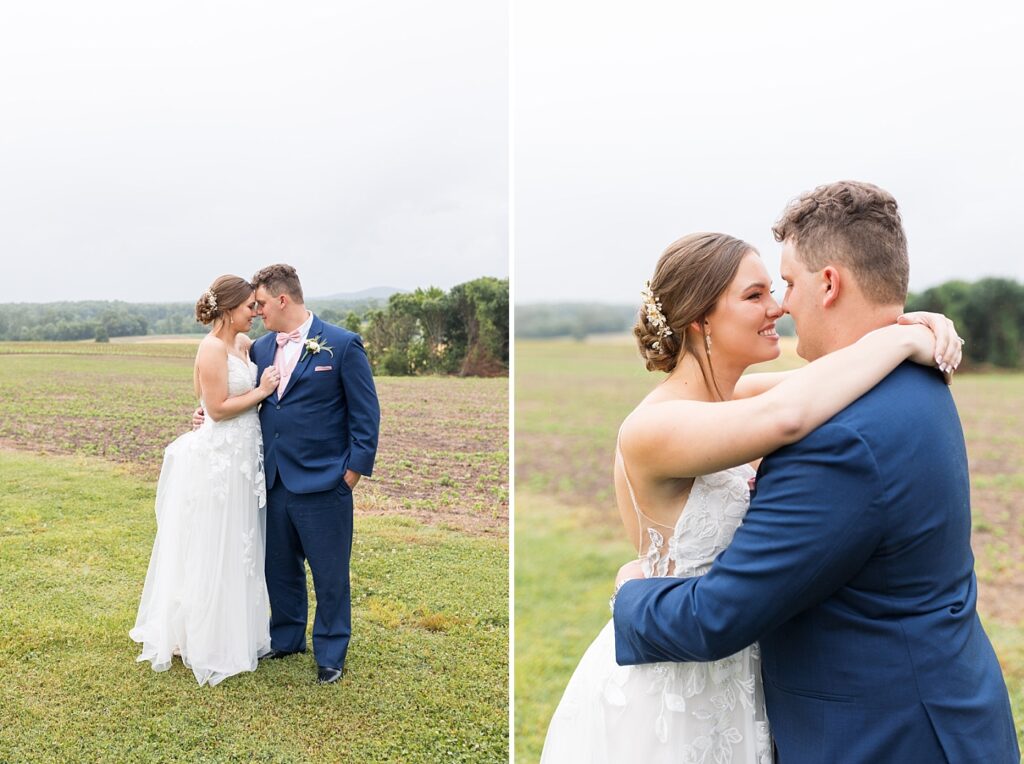Bride and groom embracing on field | Rustic wedding | Harvest House Wedding | Harvest House Photographer | Raleigh NC Wedding Photographer